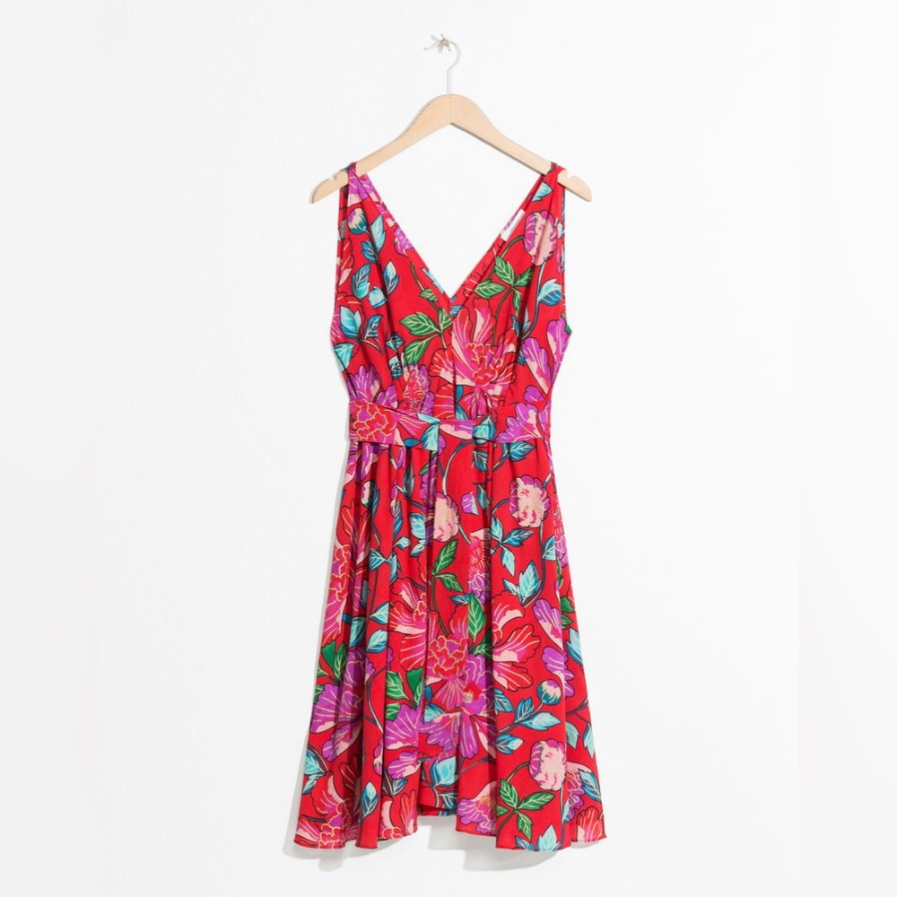 & Other Stories Women's Red Peony Print V-neck Midi Dress
